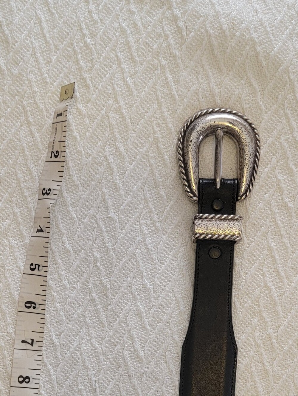 Vintags Black Leather Belt with Decorative Silver Buckle